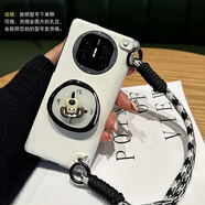 適用華為MateX5手機殼小狗時鐘支架折疊屏素皮白色手提防摔手機保護殼套 白色素皮翻蓋皮套+鑲鉆米妮鏡子貼片+黑色桌面支架+ 華為 Mate X5 典藏版