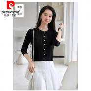 皮爾卡丹（pierre cardin）洋氣減齡圓領(lǐng)針織衫女加厚2024春秋裝小個(gè)子短款修身顯瘦麻花毛衣 黑色 L 建議90-100斤