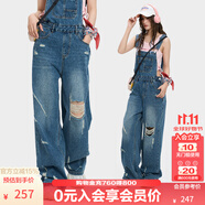 KAMA卡瑪街潮破洞闊腿牛仔背帶褲2025新款夏季女高腰直筒拖地褲 藍色 L
