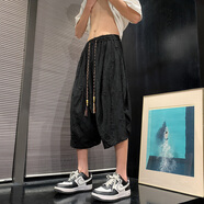 華天牧夏季棉麻休閑褲男士七分褲中國風(fēng)提花褲子寬松大碼哈倫褲7分褲胖 DK177黑色 3XL 建議150-175斤可穿