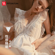 FitonTon睡裙女性感睡衣蕾絲薄款冰絲純欲風(fēng)睡衣夏季女+T褲NY0085 白色