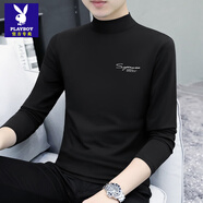 花花公子（PLAYBOY）莫代爾純棉半高領(lǐng)長(cháng)袖t恤男士秋裝上衣秋冬打底衫內搭中領(lǐng)秋衣男 YPC6033黑色 2XL 【建議145-160】