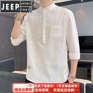 JEEP SPIRIT/吉普夏季男士七分袖棉T恤潮流韓版立領(lǐng)套頭男裝袖亞麻T(mén)恤上 DC605白色 XL