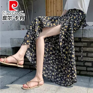 皮爾卡丹（pierre cardin）雪紡半身長裙女夏2024新款百搭開叉包臀裙子系帶碎花一片式半身裙 黑底 6656黑底小黃花 M 建議100-110斤