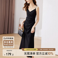 尚都比拉設(shè)計(jì)感抽褶收腰顯瘦中長(zhǎng)款V領(lǐng)吊帶連衣裙夏季修身小黑裙 黑色 S 