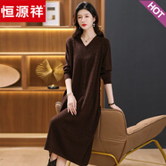 恒源祥秋冬過(guò)膝長(cháng)款連衣裙女大碼寬松v領(lǐng)針織裙胖mm200斤寬松打底毛衣裙 咖啡 4XL