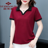 俞兆林 媽媽裝短袖t恤女polo衫夏季2023新款條紋短款寬松時(shí)尚夏體恤上衣 酒紅 M (推薦80-95斤)
