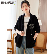 品彩（PinCai）衛(wèi)衣外套女純色小狗印花氣質(zhì)百搭休閑連帽開衫上衣 P141F2734