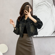 妹丫2025春秋季新款牛仔外套女高腰短款復(fù)古修身做舊色設(shè)計感口袋上衣 深色 L