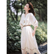 勤度適合草原拍照的裙子新疆旅游穿搭小白2024波西米亞連衣云南青海 米杏 [包含腰帶] M