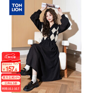 唐獅（TonLion）2024黑色v領(lǐng)拼接格紋連衣裙女復(fù)古針織格子裙氣質(zhì)長(zhǎng)裙 黑色 M 