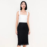 BRAND BY MEI甄選立體花朵鏤空蕾絲小方領(lǐng)背心式黑白拼接連衣裙 黑拼白 6/XS