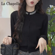 拉夏貝爾（La Chapelle）重工鑲鉆黑色針織衫女秋季小香風(fēng)開(kāi)衫2024長(cháng)袖法式感上衣 純100自動(dòng)發(fā)熱黑色【正碼正拍 卡碼拍大】 純100自動(dòng)發(fā)熱L 建議105-115斤