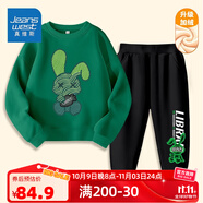 真維斯（Jeanswest）兒童套裝秋冬新款中大童加絨保暖長褲男女童圓領(lǐng)衛(wèi)衣加厚兩件套潮 【加絨套裝】綠黑色（條兔墨鏡） 140