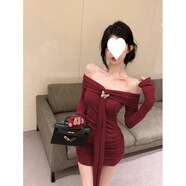 桃伊悠（taoyiyou）一字肩紅色長(cháng)袖連衣裙女秋冬純欲辣妹蝴蝶結收腰露肩包臀裙短裙子 DGS258紅色+蝴蝶配件 S
