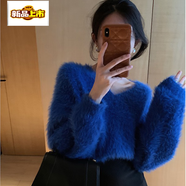 初徑克萊因藍水貂絨毛衣女冬季復古寬松百搭慵懶風(fēng)領(lǐng)馬海毛絨針織衫 藍色 S