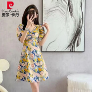 皮爾卡丹韓系甜美碎花連衣裙女短袖a字裙氣質(zhì)V領(lǐng)夏季2025別致獨特高腰顯瘦 黃色連衣裙 L 建議100-110斤
