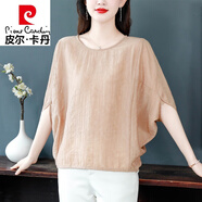 皮爾卡丹（pierre cardin）休閑棉麻短袖T恤女士夏季2024年新款寬松遮肚短款上衣時(shí)尚蝙蝠衫 杏色 M