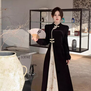 雷黛茜秋冬新中式國風(fēng)復古改良旗袍裙子女裝大碼胖mm長(cháng)袖高腰連衣裙 黑色 2XL