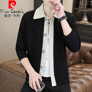 皮爾卡丹（pierre cardin）春秋季新款撞色翻領針織開衫男士休閑毛衣外套青年潮牌夾克男 黑色【精品】 2XL 140-155斤左右