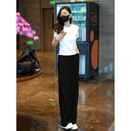 韓璐嬌（hanlujiao）休閑褲女裝夏季2025新款氣質(zhì)顯瘦通勤穿搭衣服運動(dòng)冰絲闊腿褲子女 白色衣+黑色褲子 M （建議96-108斤）