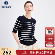Navigare意大利小帆船女士條紋T恤25秋季新品純棉圓領(lǐng)體恤衫寬松顯瘦上衣 藍(lán)底白紋 XL