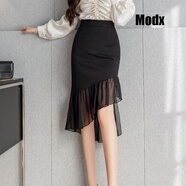 MODX香港潮牌不規則網(wǎng)紗拼接燕尾半身裙女春秋高腰修身包臀裙雪紡裙子 黑色 L
