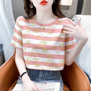 詩婭達(dá)夏季T恤女短袖韓版2025新款體恤女裝條紋洋氣印花字母寬松上衣 粉色【條紋】 XL建議115-130斤