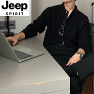 JEEP SPIRIT秋冬季翻領(lǐng)針織衫開衫外套男毛衣韓版男裝潮流休閑韓國上衣 黑色 XL