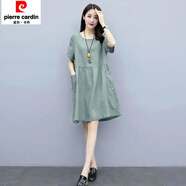 皮爾卡丹棉麻連衣裙女夏2025年新款短袖媽m媽裝大尺碼寬松顯瘦遮肚 豆綠色 XL 建議 119-132斤
