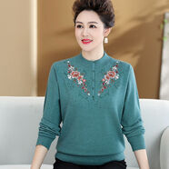 恒源祥胖媽M媽裝繡花打底衫秋冬半高領(lǐng)新款奶奶裝加肥加大|碼毛衣女 藍綠色 M 建議95-110