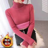 秋冬高領(lǐng)加絨毛衣女加厚一體絨針織衫內(nèi)搭修身水貂絨打底保暖上衣 玫紅色 均碼