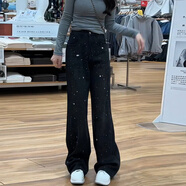 木清清2025秋季新款黑色滿(mǎn)天星燙鉆牛仔褲女高腰顯瘦寬松休閑百搭闊腿褲 黑色【九分】 XS