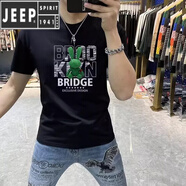 JEEP SPIRIT歐洲站新款短袖t恤男個(gè)性韓版潮流百搭修身印花上衣白色純棉男裝 高級黑 寬 松效果拍大一碼 L 110斤-125斤