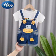 迪士尼（Disney）新款兒童背帶褲男童牛仔褲子夏款女寶寶薄款嬰幼兒短褲套裝三分褲 套裝 猴子+白T恤 100建議14個(gè)月-2歲