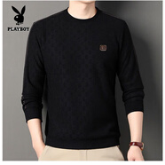 花花公子（PLAYBOY）新款提花男秋冬款加絨加厚圓領(lǐng)衛(wèi)衣 寬松長(zhǎng)袖休閑T恤百搭衛(wèi)衣 官方旗艦106-黑色 薄款 S 165/84A 建議90-115斤