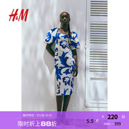 H&M女士花卉連衣裙秋季氣質(zhì)修身歐根紗五分袖燈籠袖連身裙1238363 白色/藍(lán)色圖案 165/96 M