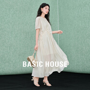 Basic House/百家好萊賽爾甜美小白裙夏法式泡泡袖抽繩中長連衣裙 米色 L