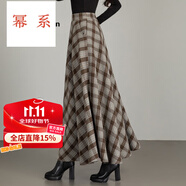 冪系2025秋冬季新款百搭格子毛呢半身裙女高腰A字長(cháng)裙大擺舞裙大I碼裙 氣質(zhì)咖灰格子 L