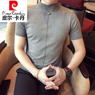 皮爾卡丹（pierre cardin）秋冬短袖毛衣男修身韓版休閑百搭半高領(lǐng)男士針織打底衫英倫風(fēng)半袖 灰色 M 90-110斤