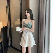 欲動(dòng)夜場(chǎng)女裝工作服新款收腰顯瘦氣質(zhì)低胸深V領(lǐng)拼接性感吊帶A字連衣裙 微彈棉質(zhì)-杏色款 M （90~100斤）