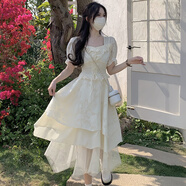 妙奕嘉法式連衣裙女裙子夏天女裝2025新款少女感長裙小個子溫柔風公主裙 杏色綁帶式雪紡連衣裙 L 【建議105-120斤】