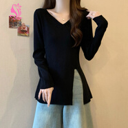 芭雅蓮大碼胖mm不規則v領(lǐng)針織衫秋季女裝內搭打底中長(cháng)款開(kāi)叉上衣 黑色 均碼