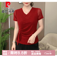 皮爾卡丹2025夏季新款T恤時(shí)尚百搭飄帶彈力網(wǎng)紗氣質(zhì)媽媽顯瘦減齡短袖體恤 紅色 5XL (建議140-150斤)