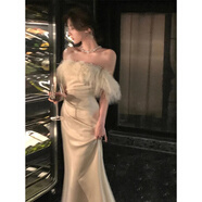 以歐（YIOU）名媛生日宴會(huì )聚會(huì )晚禮服女夏設計感法式緞面一字肩抹胸連衣裙3707 米白色 M