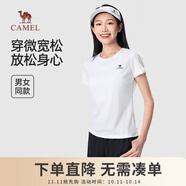 駱駝戶外運動短褲男士透氣寬松圓領(lǐng)休閑百搭跑步健身速干褲夏季 T恤】T0S1Y6147A白色，女款 女款 XL