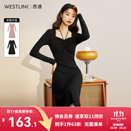 西遇針織連衣裙女2025年春季新款顯瘦打底掛脖長袖中長款收腰小裙子 黑色 M