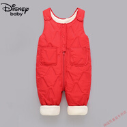 迪士尼（Disney）兒童背帶褲男童女童秋冬一體絨棉褲寶寶開(kāi)檔小童嬰兒加厚外穿褲子 紅色加絨加厚 100