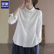 羅蒙（ROMON）棉麻襯衫女春秋禪意風(fēng)女裝盤(pán)扣上衣純色長(cháng)袖復古文藝寬松減齡襯衣 白色 M