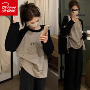 北極絨（Bejirog）睡衣女春秋季套裝長袖米奇笑臉寬松韓版學生休閑女士家居服可外穿 2250L套裝-不帶胸墊-黑灰米奇 L 建議【100-115斤】